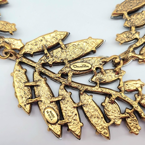 Oscar de la Renta Blue Swarovski Crystal + Glass Leaf Statement Necklace Gold - Picture 13 of 14